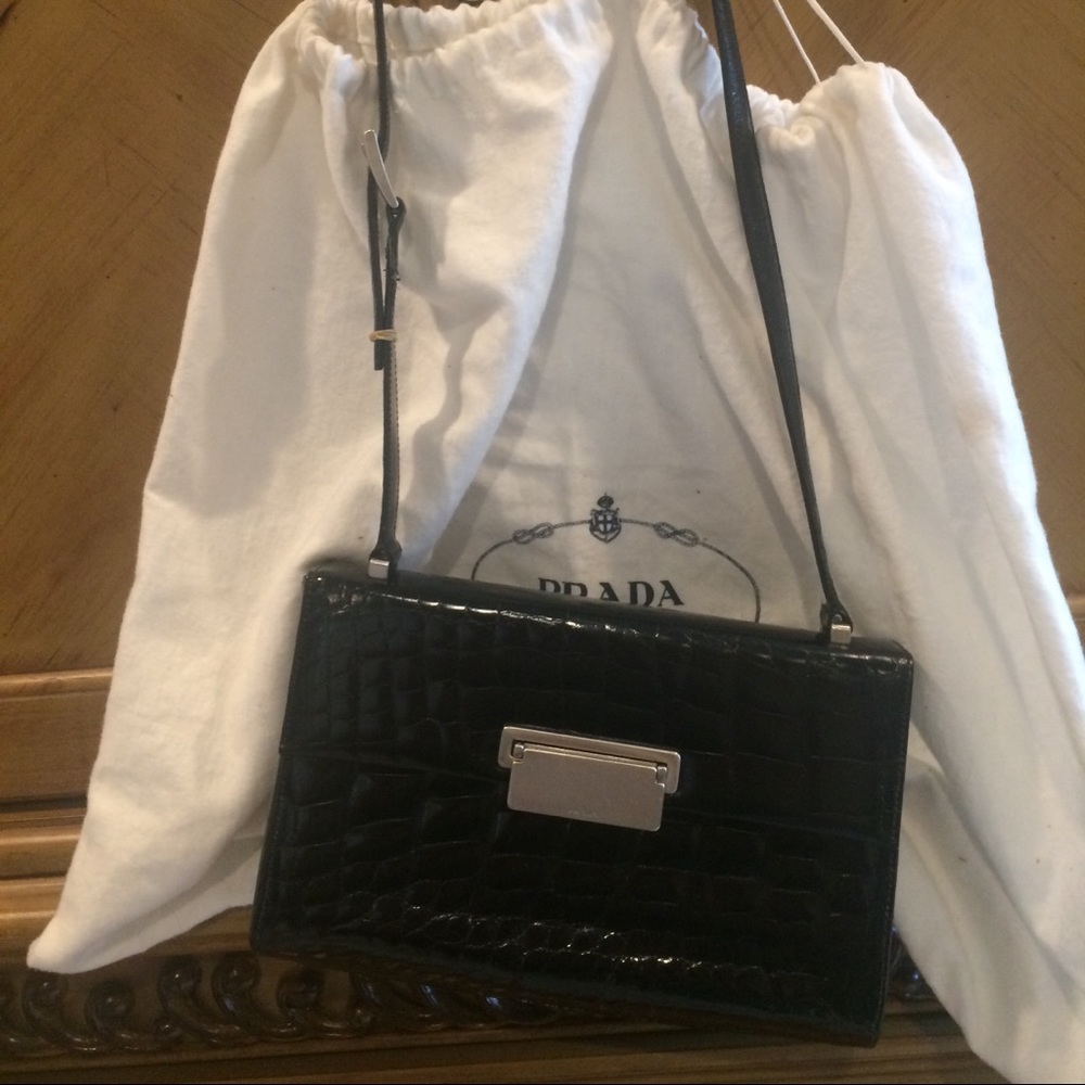 Prada Vintage Black Shiny Crocodile Shoulder Bag